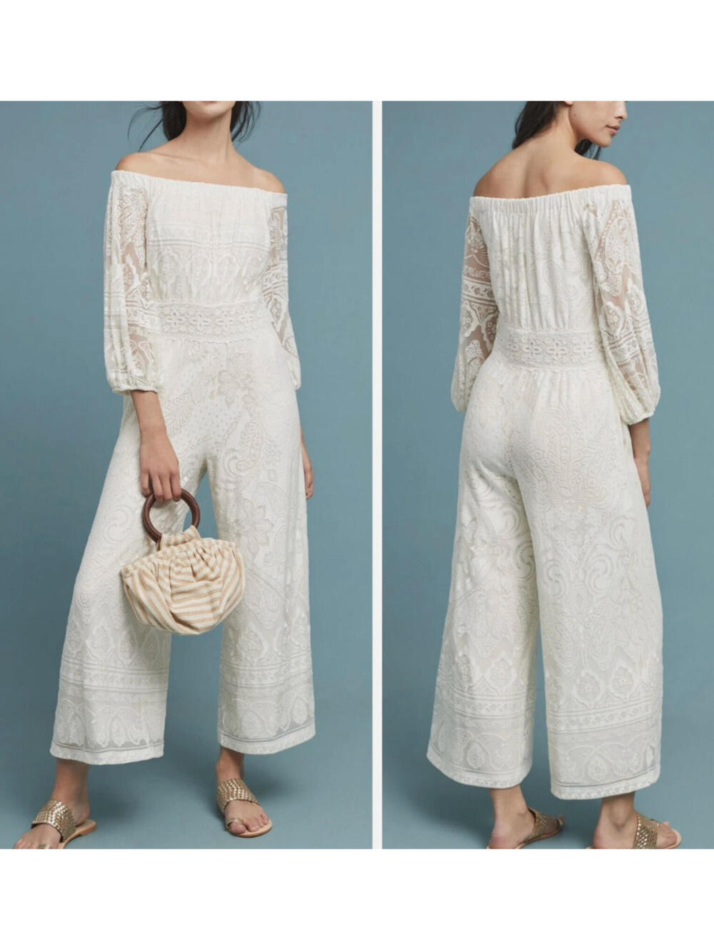 Anthropologie x Farm Rio Elliot Off The Shoulder Jumpsuit Ivory Lace Size Medium